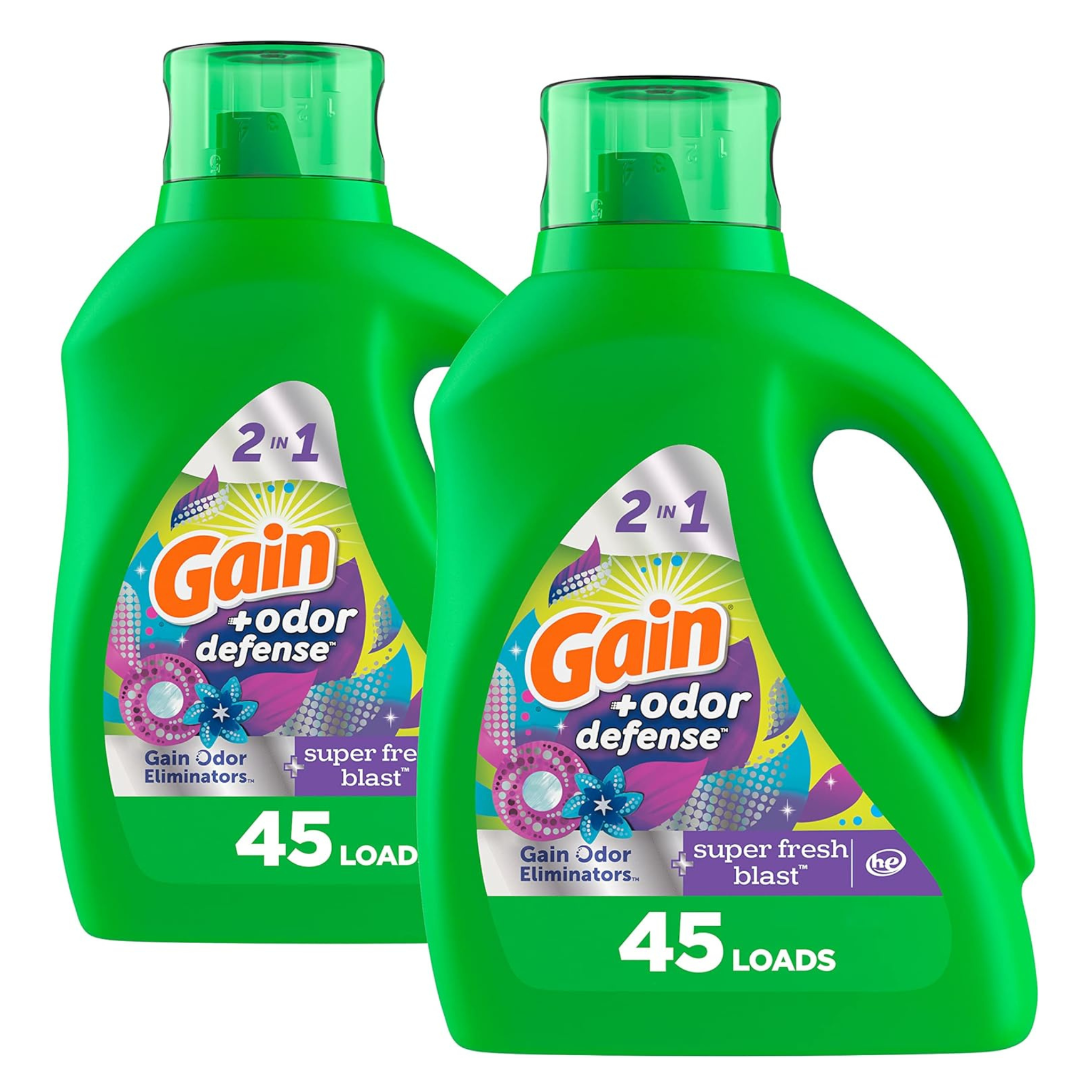 2 Bottles Of Gain + Odor Defense Laundry Detergent Liquid Soap