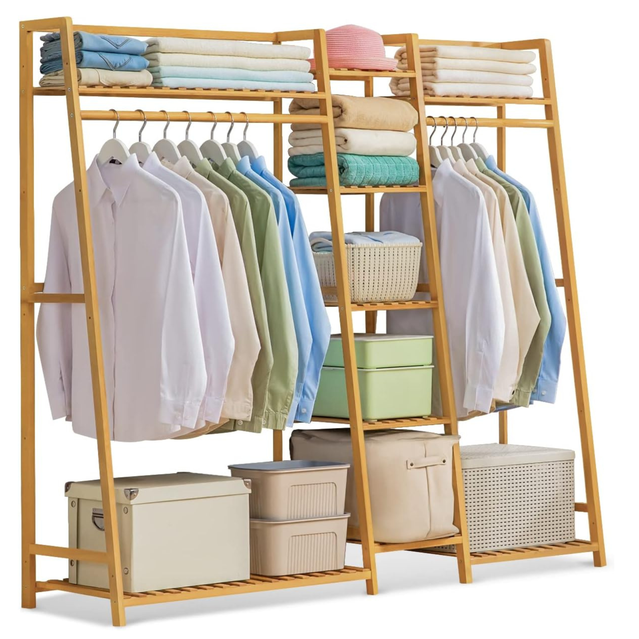MoNiBloom Bamboo Trapezoid Clothing Rack with 5-Tier Storage Shelves