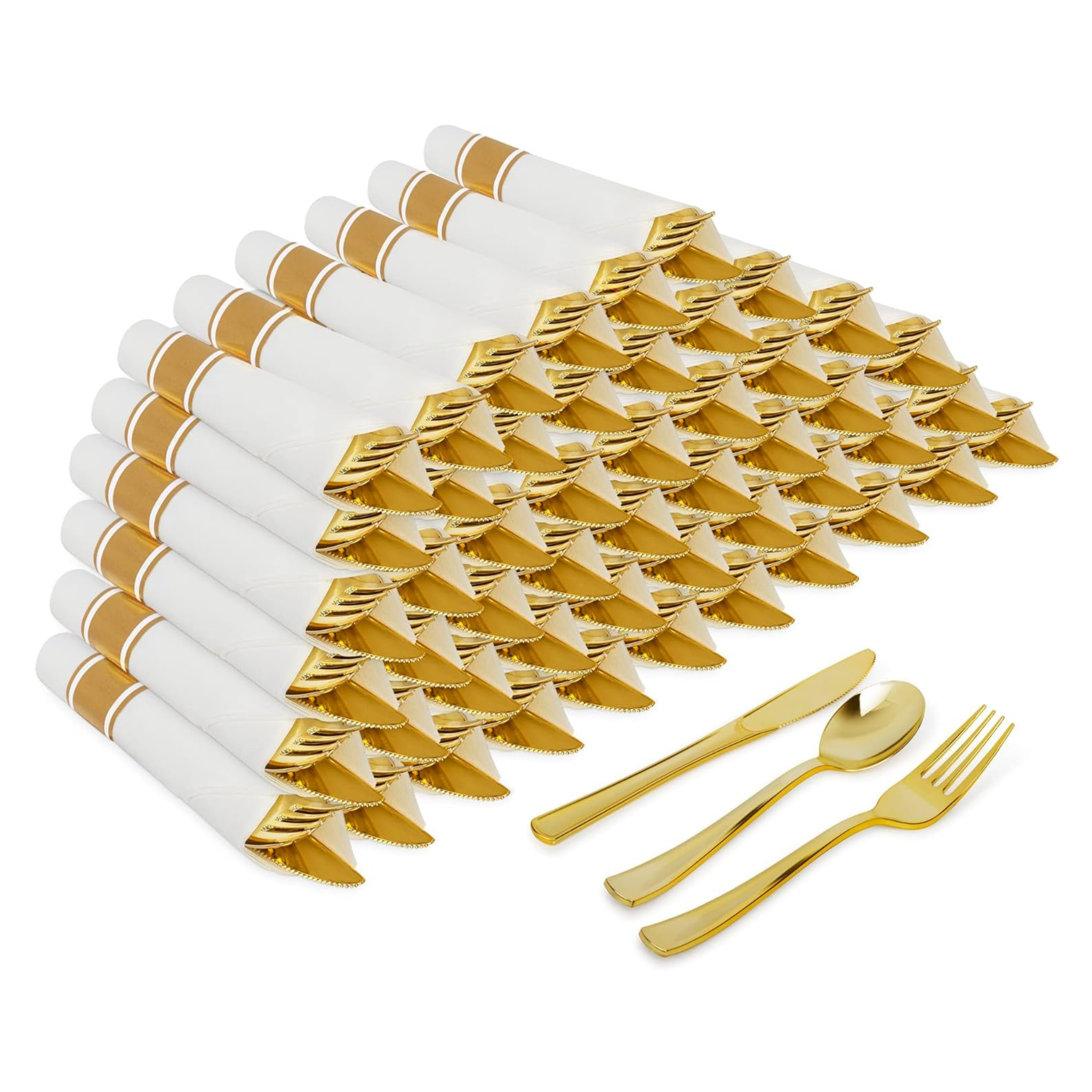 50 Gold Wrapped Plastic Cutlery Set with Napkin