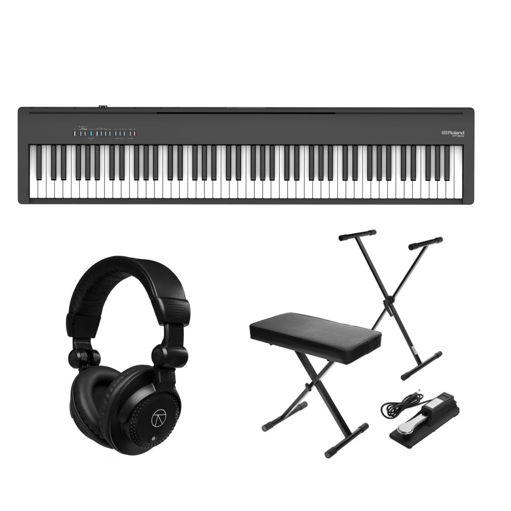 Roland FP-30X Portable Digital Piano (Black) w/ Stand, Bench, Pedal & Headphones