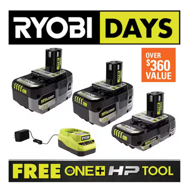 Ryobi One+ 18V HP 2Ah Battery + 2x 4Ah Battery w/ Charger + Select Bonus Tool