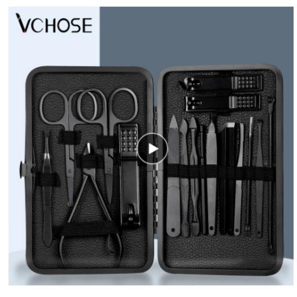 7-Piece Stainless Steel Black Nail Clipper Set with Travel Case Kit