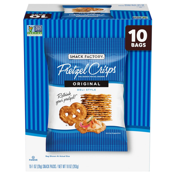 Snack Factory Pretzel Crisps, Original, 1 Oz Snack Bags, 10 Ct