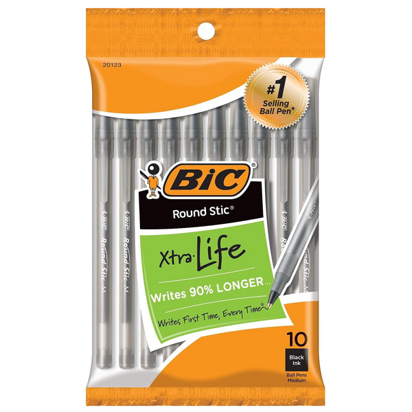 10-Count BIC Round Stic Xtra Life Medium Point Ball Pens (Various)