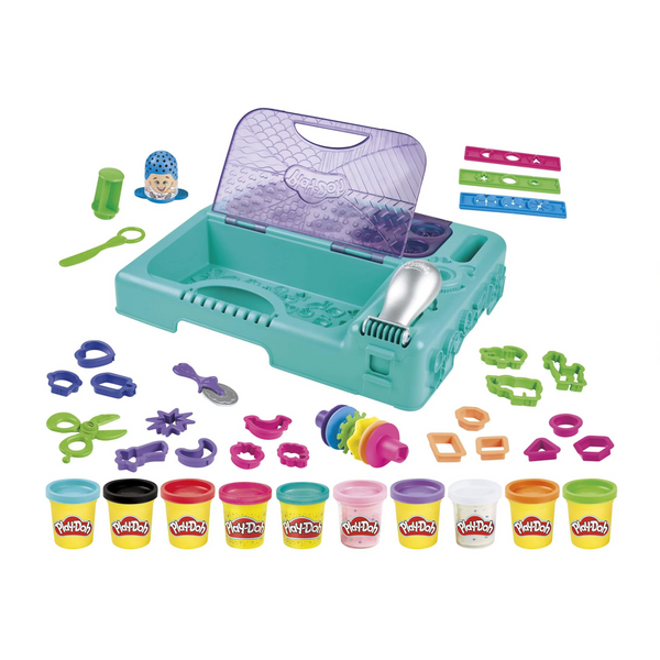 Play-Doh On the Go Imagine and Store Studio Playset, 30 herramientas, 10 latas, estuche de transporte