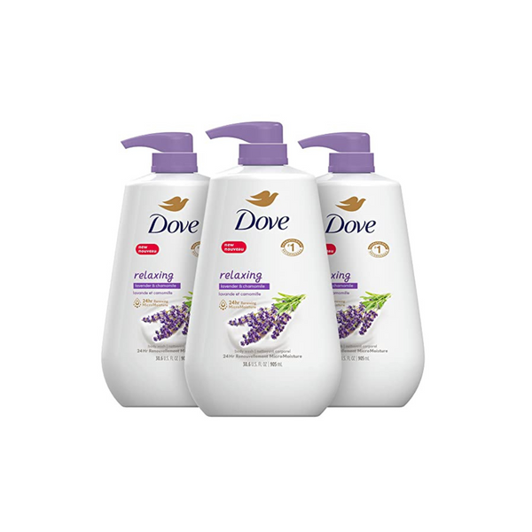 3 botellas de gel de baño de manzanilla y aceite de lavanda Dove de 30,6 oz con bomba