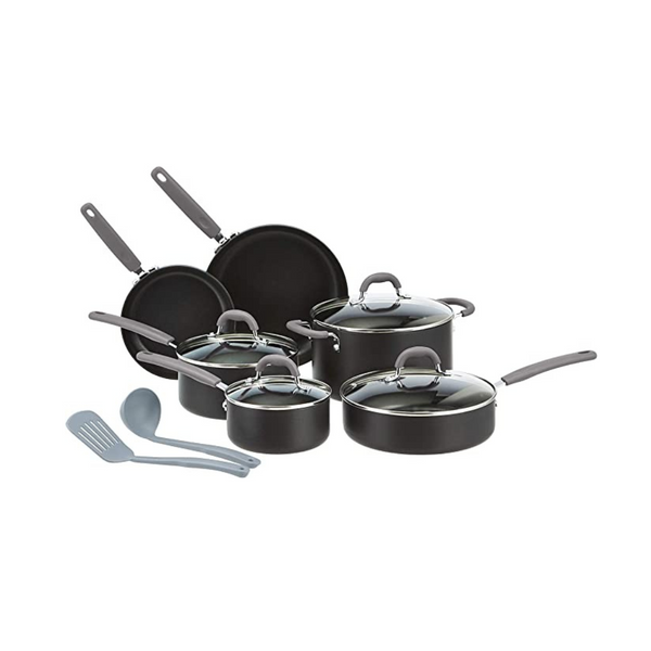 Amazon Basics Juego de utensilios de cocina antiadherentes anodizados duros de 12 piezas, gris - Ollas, sartenes y utensilios