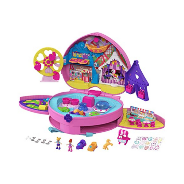 Polly Pocket Juego de juguetes de viaje 2 en 1 con 2 micromuñecas y carros de juguete