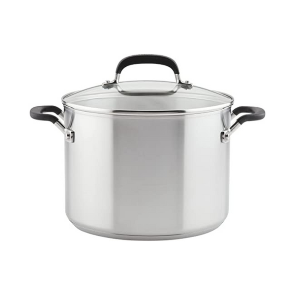 Olla sopera KitchenAid de acero inoxidable cepillado de 8 cuartos con marcas de medición y tapa