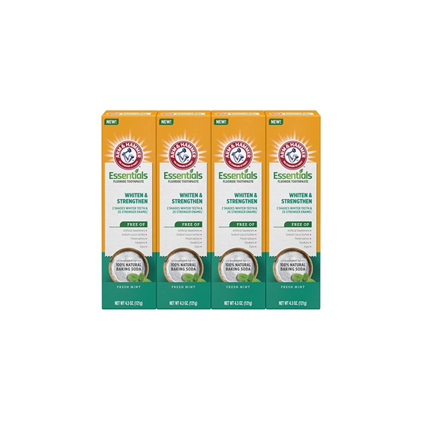 Paquete de 4 pastas dentales con flúor para blanquear y fortalecer Arm &amp; Hammer Essentials de 4.3 onzas (menta fresca)