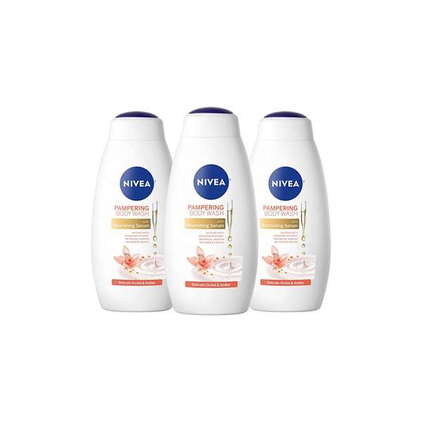 3 Bottles of NIVEA Delicate Orchid and Amber Body Wash with Nourishing Serum (20 Fl Oz Bottles)