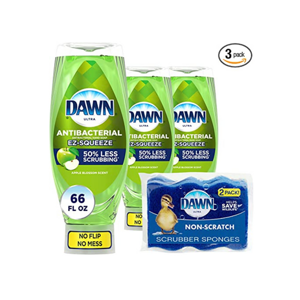 Paquete de 3 jabón líquido para platos Dawn antibacteriano EZ-Squeeze + paquete de 2 esponjas limpiadoras