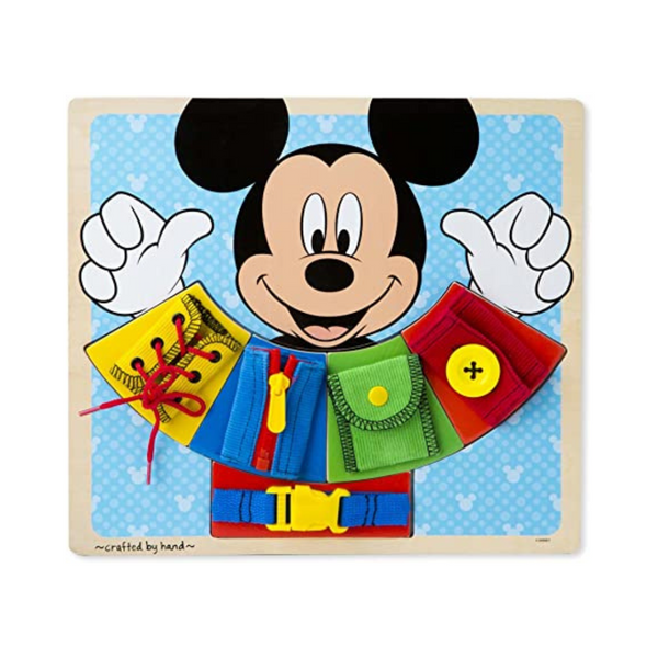 Melissa & Doug Mickey Mouse Clubhouse Wooden Basic Skills Board – Zip, Lace, Tie, Buckle, Button, and Snap