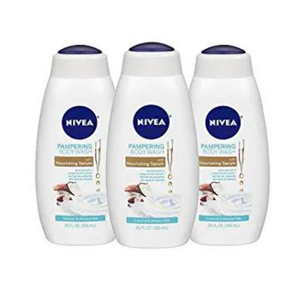 3 botellas de gel de baño con leche de coco y almendras NIVEA con suero nutritivo