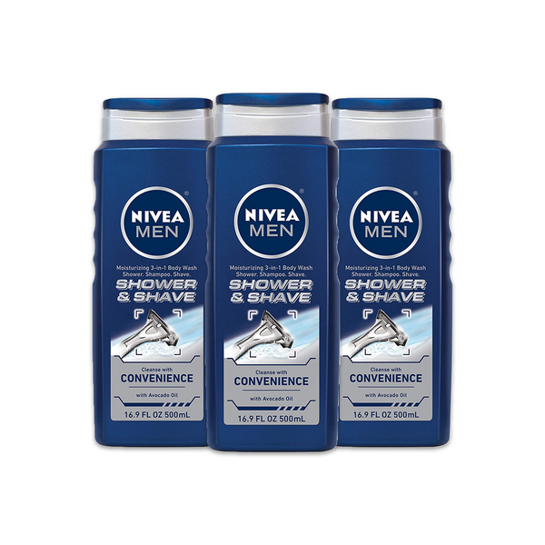 3 Bottles Of Nivea Men Shower & Shave Body Wash, Shampoo With Moisture