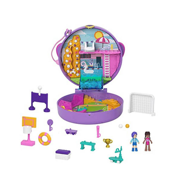 Polly Pocket Compact Playset, equipo de fútbol con 2 micromuñecas y accesorios