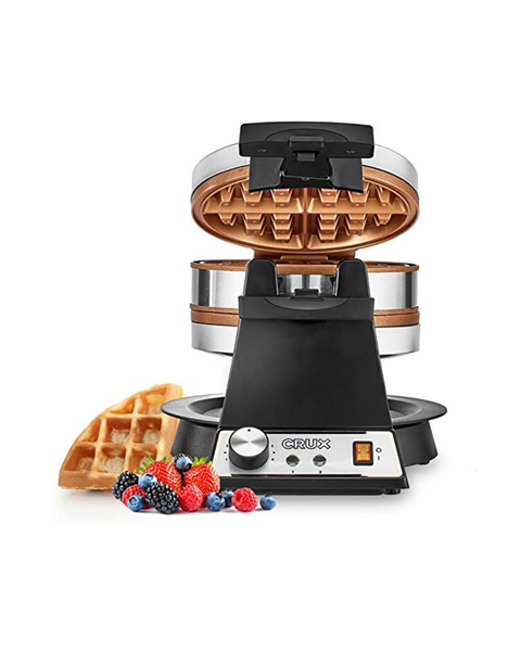 Crux Stainless Steel Double Rotating Belgian Waffle Maker w/ Nonstick Copper Plates