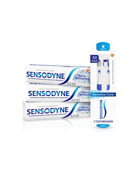 Paquete de 3 pastas dentales blanqueadoras extra Sensodyne con cepillos de dientes suaves para el cuidado sensible de 2 unidades