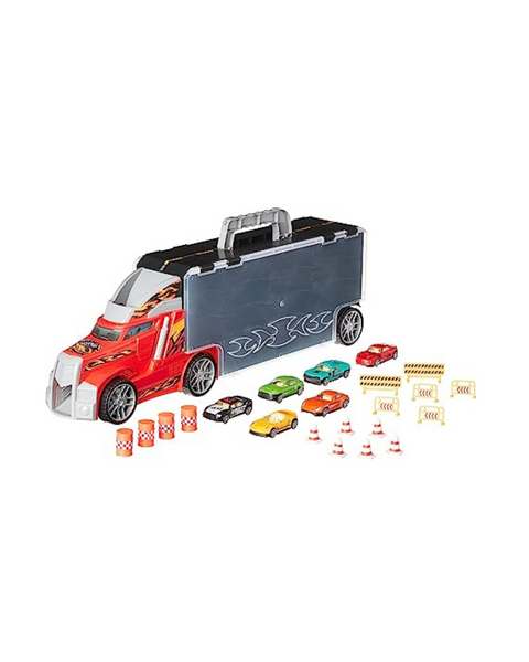 Amazon Basics Toy Car Carrier Truck, 6 Diecast Vehicles, And 16 Accessories