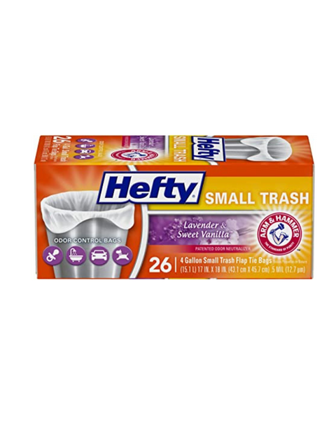 Bolsas de basura pequeñas Hefty de 4 galones, corbata con solapa, aroma a lavanda y vainilla dulce (26 unidades)