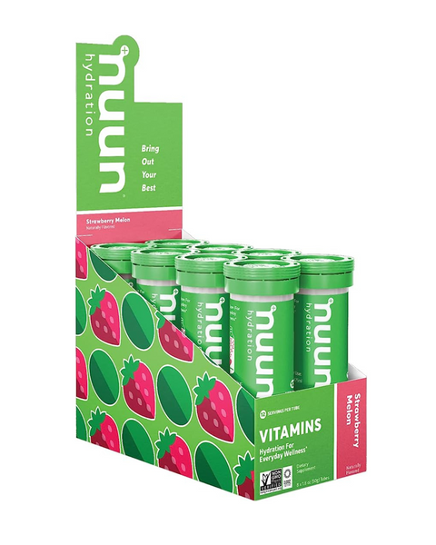 Nuun Vitamins: tabletas de bebida de vitaminas + electrolitos, melón fresa (8 tubos, 96 porciones)