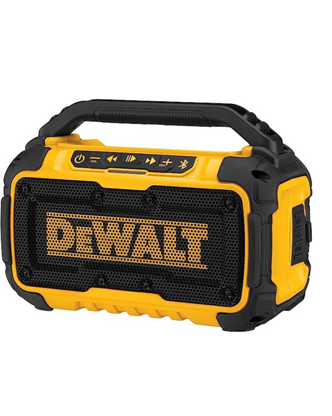 Altavoz Bluetooth DEWALT 20V MAX, alcance de 100 pies, duradero para lugares de trabajo, soporte para teléfono incluido