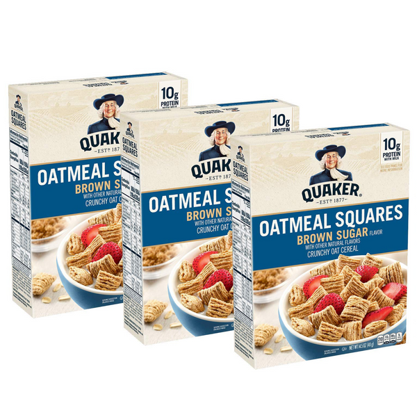 3 cajas de cereal de desayuno Quaker Oatmeal Squares, azúcar moreno