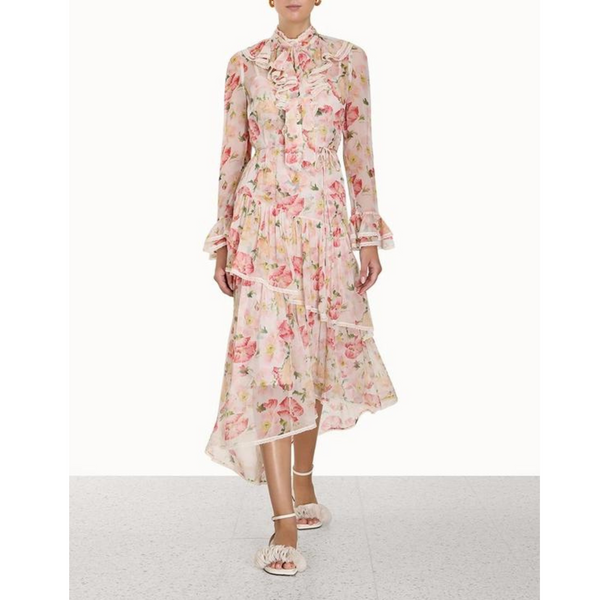 Zimmermann Floral Printed Asymetric Ruffled Dress