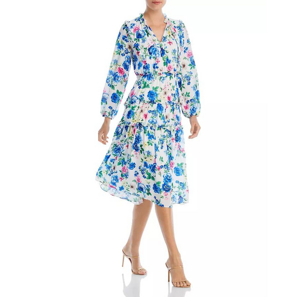 Vestido Tahari con estampado floral y ribete de volantes