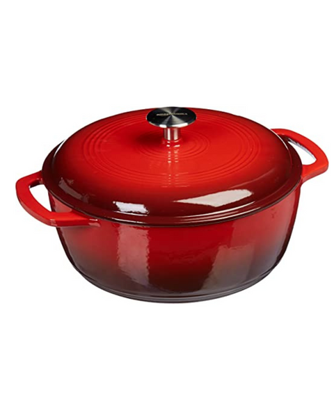 Amazon Basics Horno holandés redondo cubierto de hierro fundido esmaltado, 6 cuartos, rojo