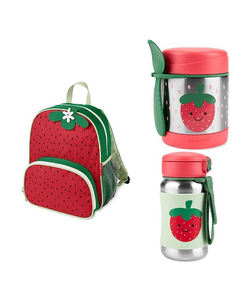 Juego de mochila preescolar con fresas y tarro de comida y botella con pajita de Skip Hop Sparks