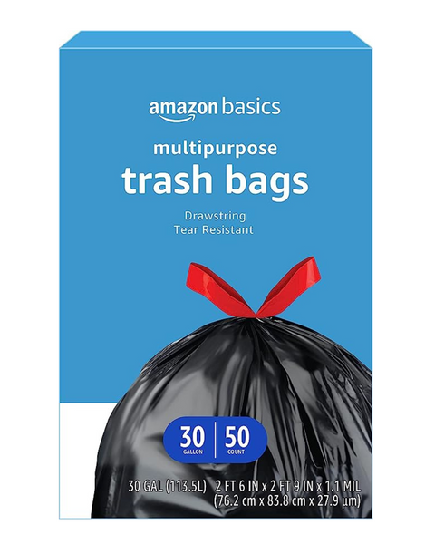 Bolsas de basura con cordón multiusos Amazon Basics de 30 galones, 50 unidades