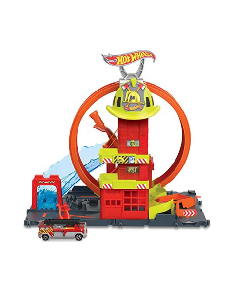 Hot Wheels Toy Car Track Set City Super Loop Fire Station & 1:64 Scale Firetruck
