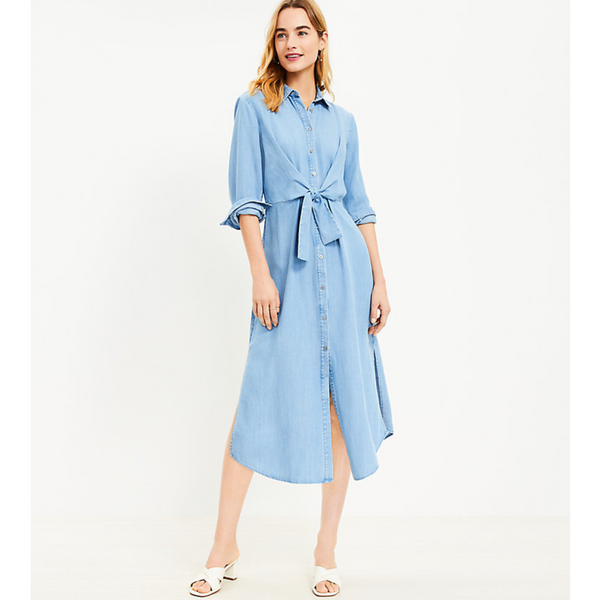 LOFT Chambray Knot Front Midi Shirtdress