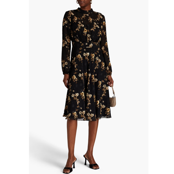 Mikael Aghal Pintucked Floral-Print Chiffon Dress