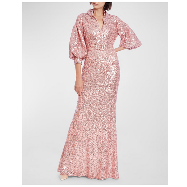 Badgley Mischka Belted Bishop-Sleeve Sequin Gown