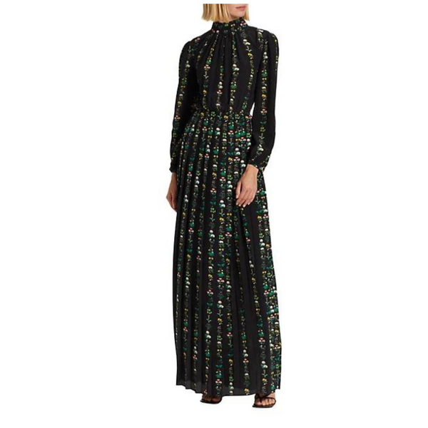 Adam Lippes Floral Crepe De Chine Pleated Gown