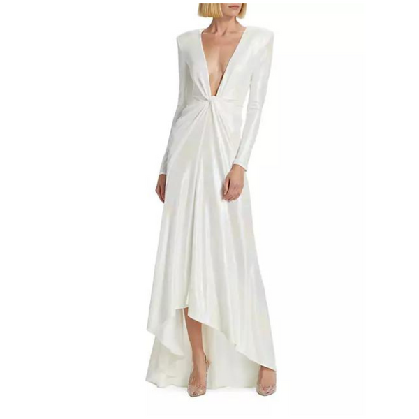 Ronny Kobo Martine V-Neck Draped Jersey Gown