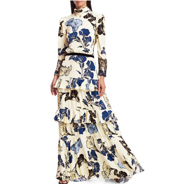 JOHANNA ORTIZ Floral Long-Sleeve Tiered Ruffle Silk Maxi Dress