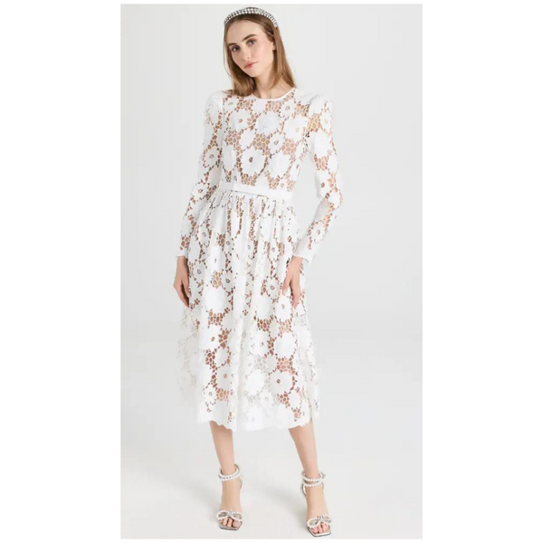 Self Portrait White 3D Cotton Lace Midi Dress