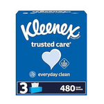 Pañuelos faciales Kleenex Trusted Care (3 cajas planas, 160 pañuelos por caja, 480 pañuelos en total)