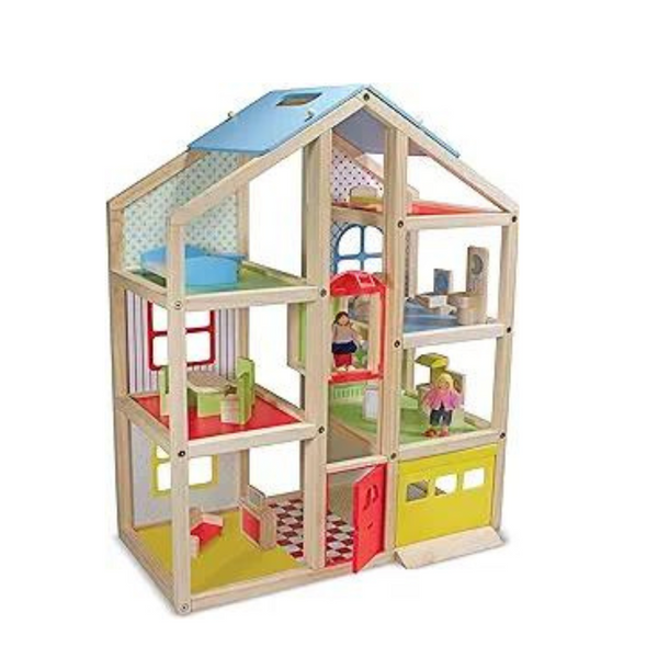 Casa de muñecas de madera de gran altura Melissa &amp; Doug con muebles de 15 piezas: garaje y ascensor de trabajo