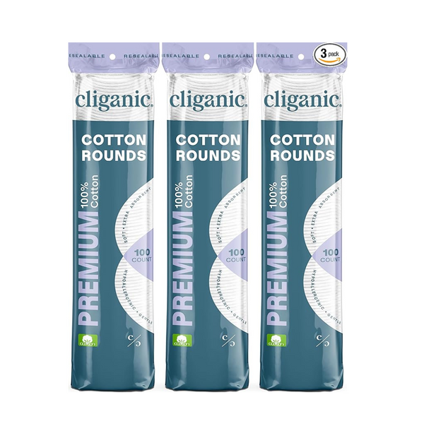 300-Count (3 x 100 Count) Cliganic Premium Cotton Rounds for Face