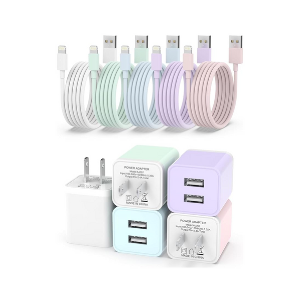 Paquete de 5 adaptadores de cargador de pared USB de doble puerto con cable Lightning de 6 pies