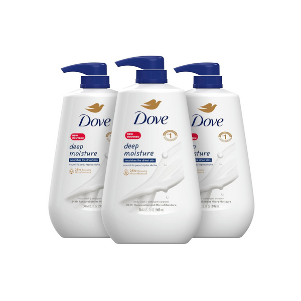 3 botellas de gel de baño Dove Deep Moisture de 30,6 oz con bomba