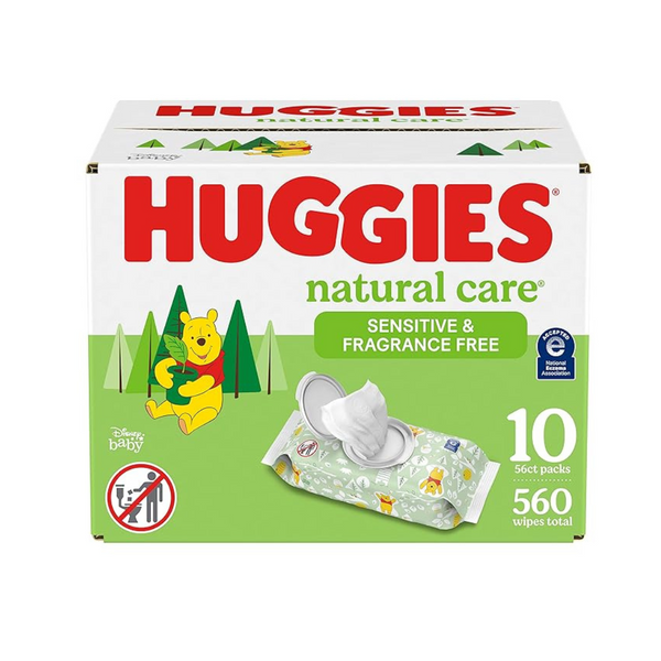 Toallitas para bebés sensibles Huggies Natural Care, sin perfume (10 paquetes con tapa abatible, 560 toallitas en total)