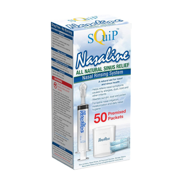 Kit de enjuague nasal Squip Nasaline con 50 paquetes de solución salina premezclada