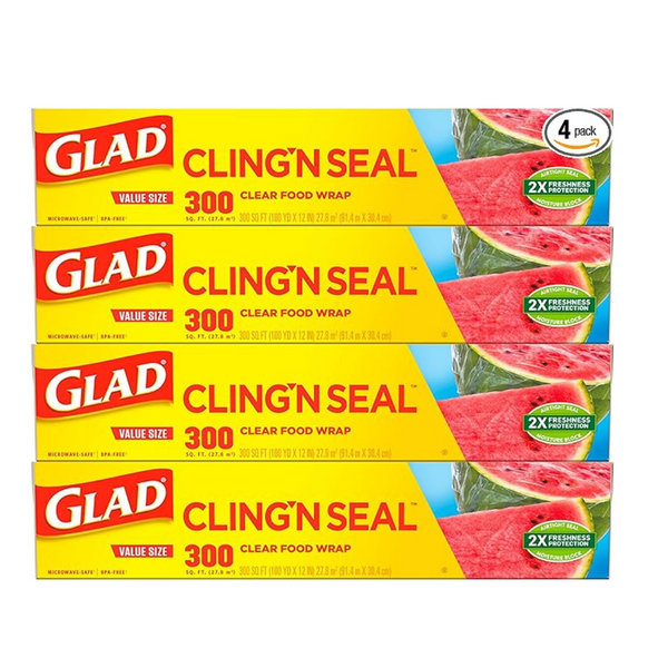 Glad Cling N Seal Envoltura plástica para alimentos (4 paquetes, rollos de 300 pies cuadrados)