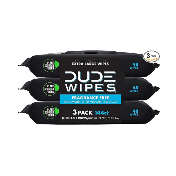 3 Packs 144 of DUDE Wipes – Unscented, Flushable, Vitamin-E & Aloe