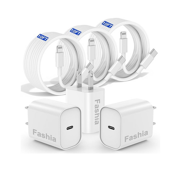 Paquete de 3 adaptadores de cargador USB-C con certificación MFi de 20 W y cable Lightning de 10 pies